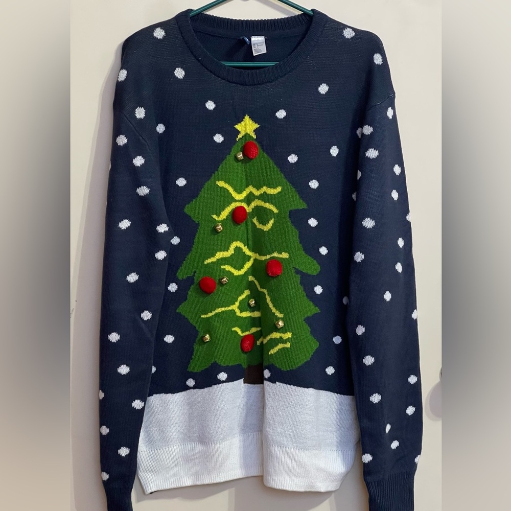 H&M Navy Sweater with Christmas Tree Design New without tag .